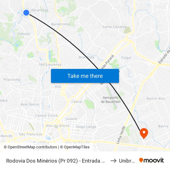 Rodovia Dos Minérios (Pr 092) - Entrada Vila Suíça to Unibrasil map