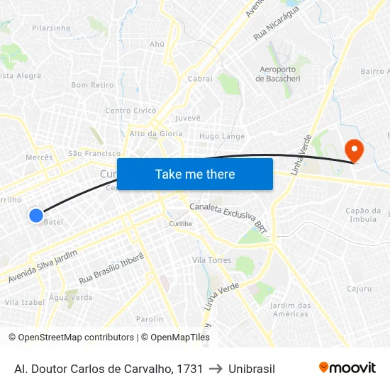 Al. Doutor Carlos de Carvalho, 1731 to Unibrasil map