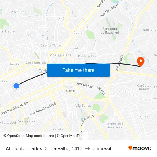 Al. Doutor Carlos De Carvalho, 1410 to Unibrasil map