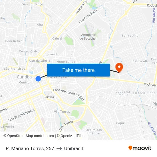 R. Mariano Torres, 257 to Unibrasil map