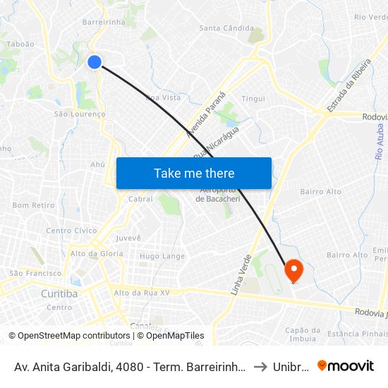 Av. Anita Garibaldi, 4080 - Term. Barreirinha (Externo) to Unibrasil map