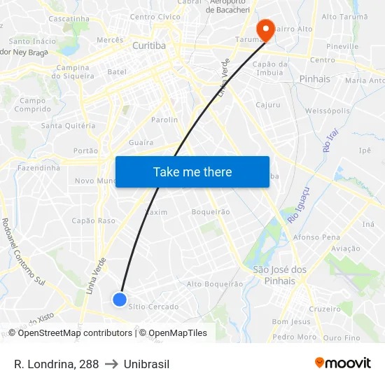 R. Londrina, 288 to Unibrasil map