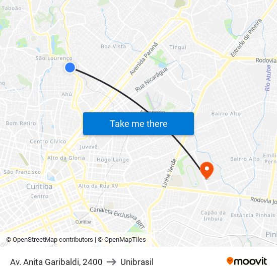 Av. Anita Garibaldi, 2400 to Unibrasil map