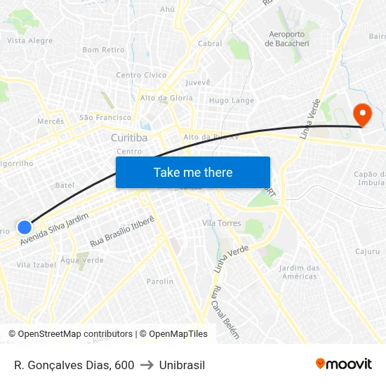 R. Gonçalves Dias, 600 to Unibrasil map