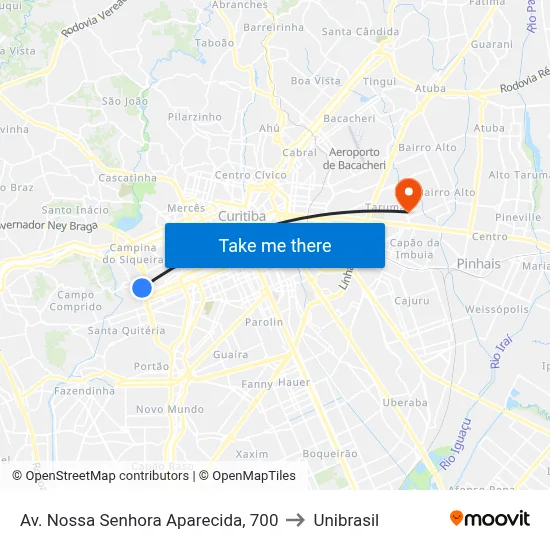 Av. Nossa Senhora Aparecida, 700 to Unibrasil map