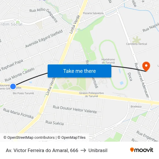 Av. Victor Ferreira do Amaral, 666 to Unibrasil map
