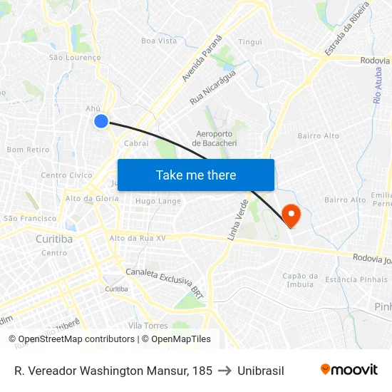 R. Vereador Washington Mansur, 185 to Unibrasil map