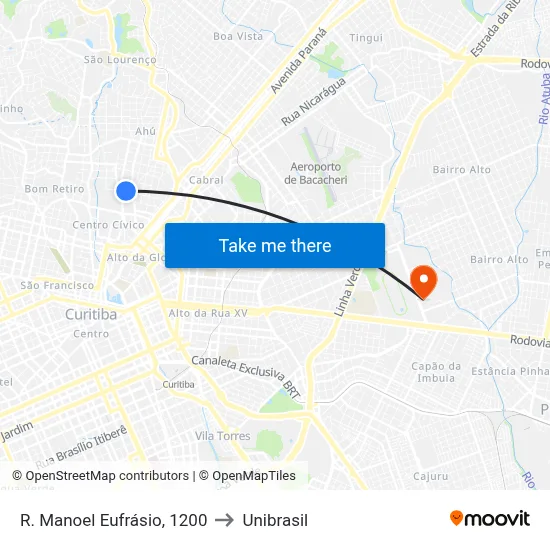R. Manoel Eufrásio, 1200 to Unibrasil map