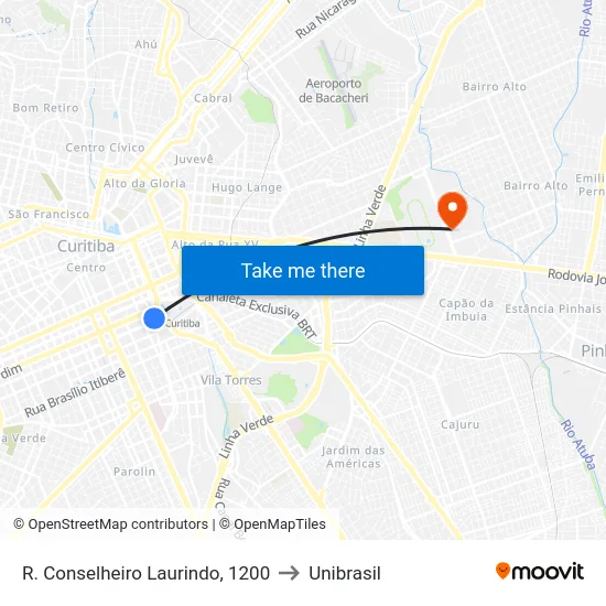R. Conselheiro Laurindo, 1200 to Unibrasil map
