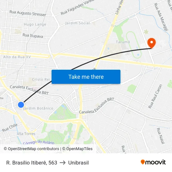 R. Brasílio Itiberê, 563 to Unibrasil map
