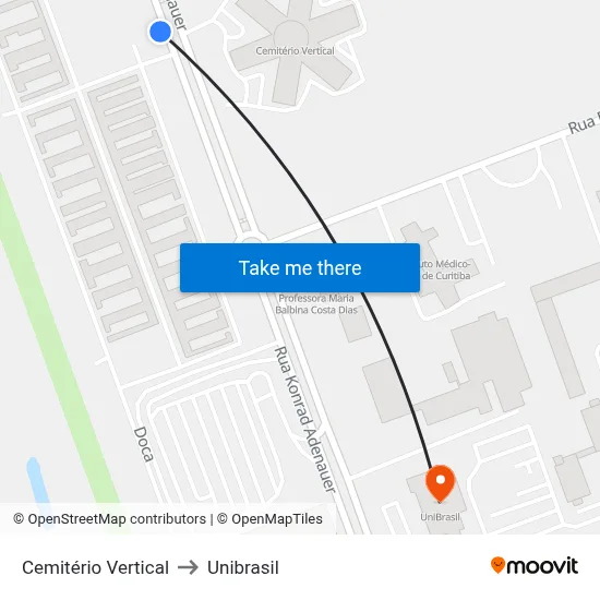 Cemitério Vertical to Unibrasil map