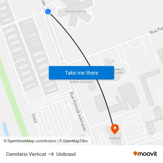 Cemitério Vertical to Unibrasil map
