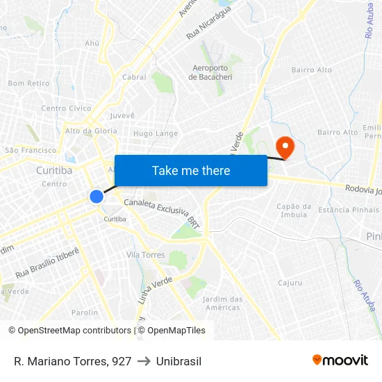 R. Mariano Torres, 927 to Unibrasil map