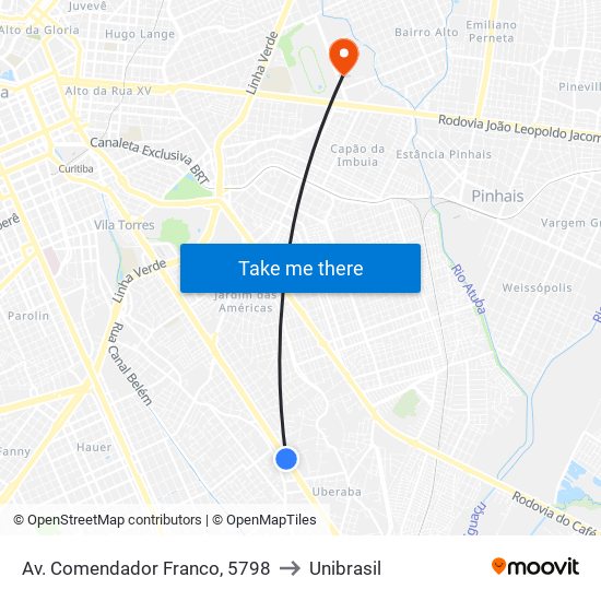 Av. Comendador Franco, 5798 to Unibrasil map