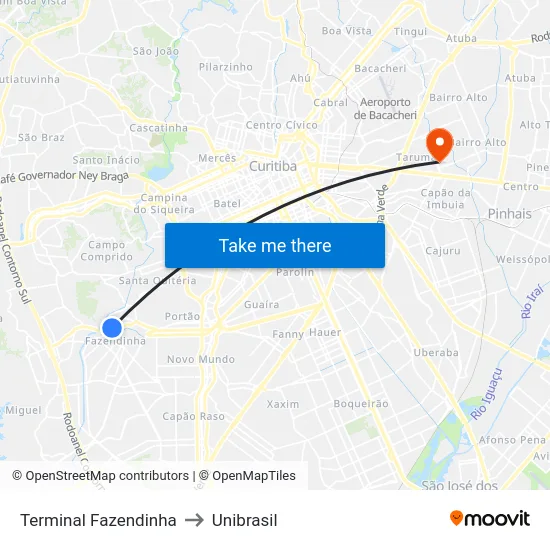 Terminal Fazendinha to Unibrasil map