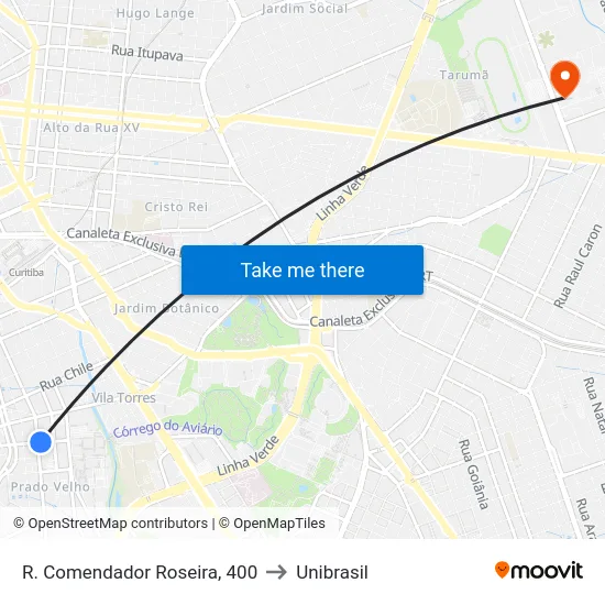 R. Comendador Roseira, 400 to Unibrasil map