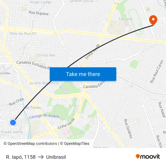 R. Iapó, 1158 to Unibrasil map