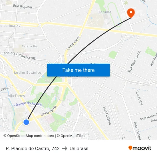 R. Plácido de Castro, 742 to Unibrasil map