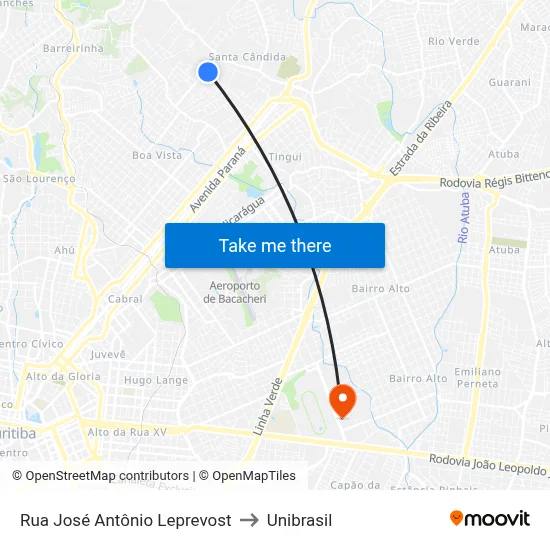 Rua José Antônio Leprevost to Unibrasil map