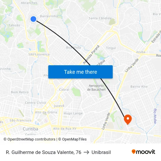 R. Guilherme de Souza Valente, 76 to Unibrasil map