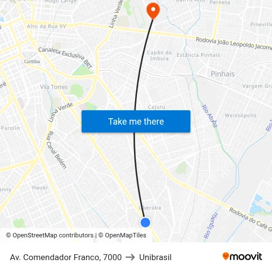 Av. Comendador Franco, 7000 to Unibrasil map