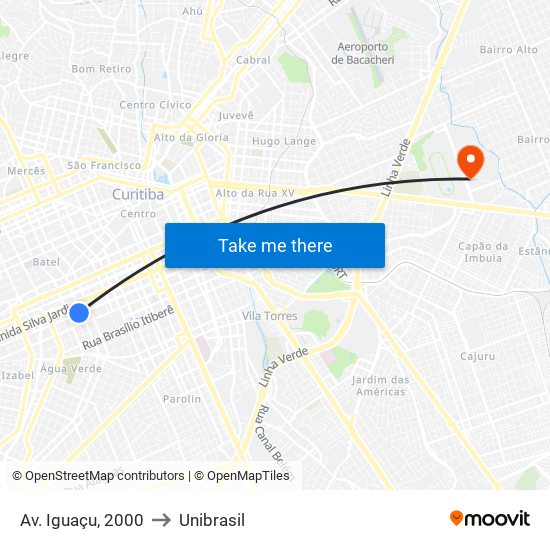 Av. Iguaçu, 2000 to Unibrasil map