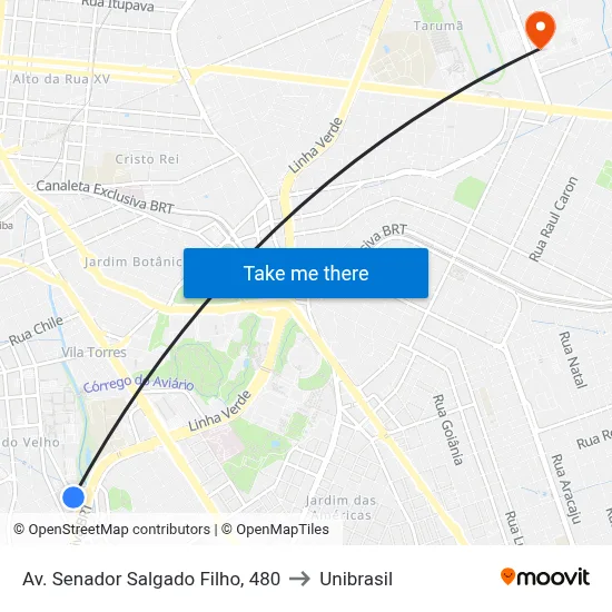 Av. Senador Salgado Filho, 480 to Unibrasil map
