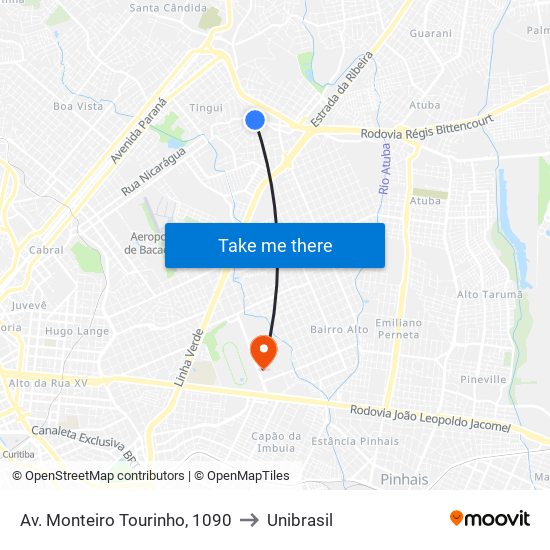 Av. Monteiro Tourinho, 1090 to Unibrasil map