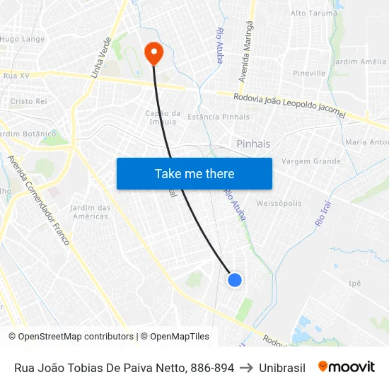 Rua João Tobias De Paiva Netto, 886-894 to Unibrasil map