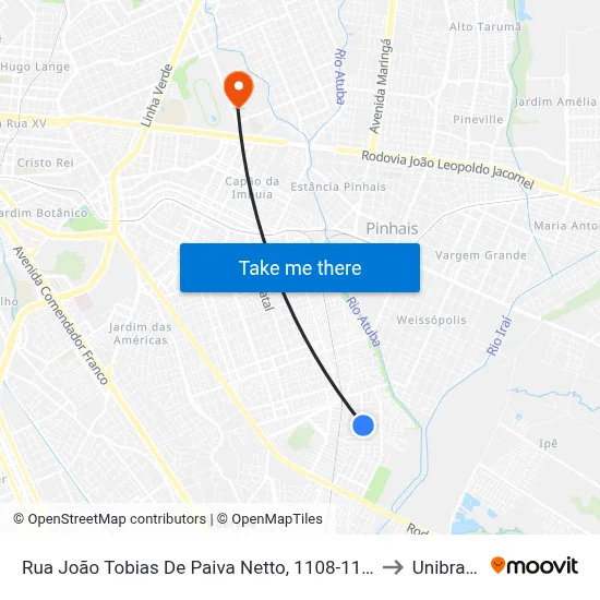 Rua João Tobias De Paiva Netto, 1108-1118 to Unibrasil map