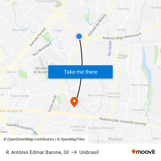 R. Antônio Edmar Barone, 30 to Unibrasil map
