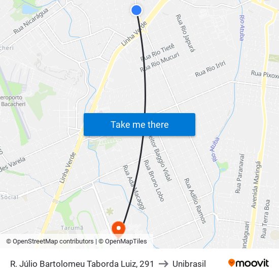 R. Júlio Bartolomeu Taborda Luiz, 291 to Unibrasil map