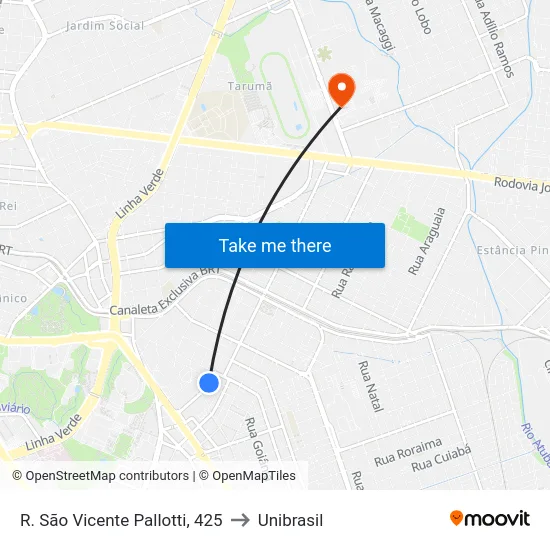 R. São Vicente Pallotti, 425 to Unibrasil map