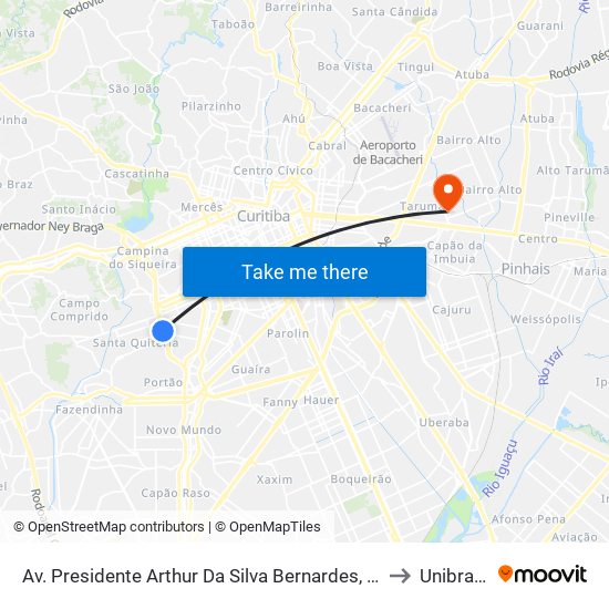 Av. Presidente Arthur Da Silva Bernardes, 800 to Unibrasil map