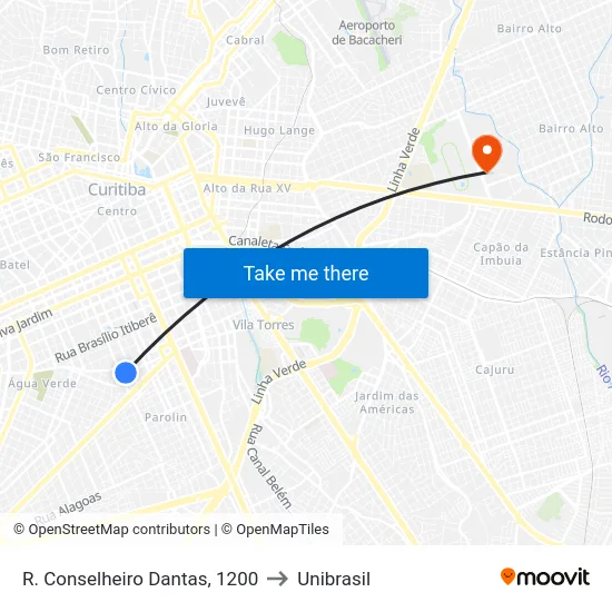 R. Conselheiro Dantas, 1200 to Unibrasil map