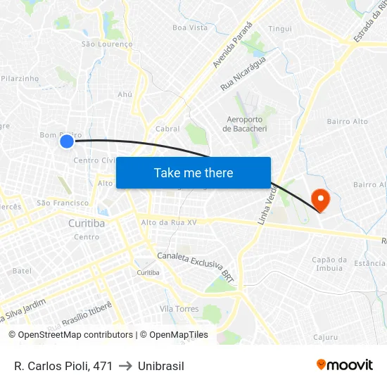 R. Carlos Pioli, 471 to Unibrasil map