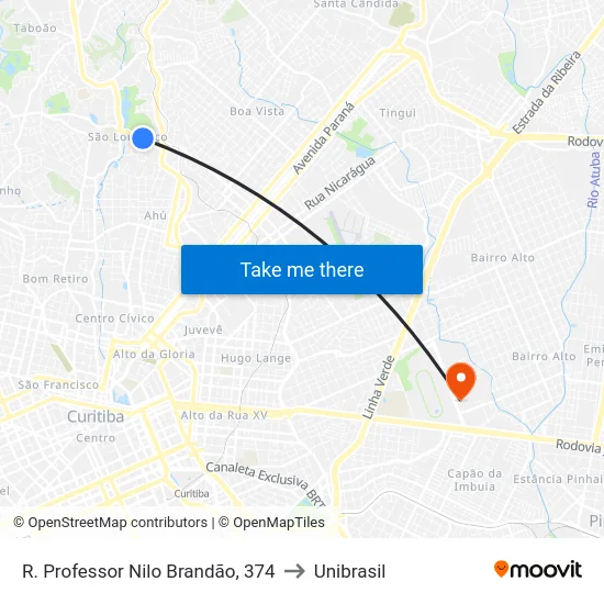 R. Professor Nilo Brandão, 374 to Unibrasil map