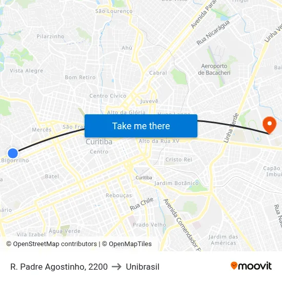 R. Padre Agostinho, 2200 to Unibrasil map