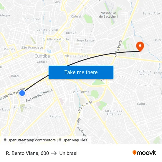 R. Bento Viana, 600 to Unibrasil map