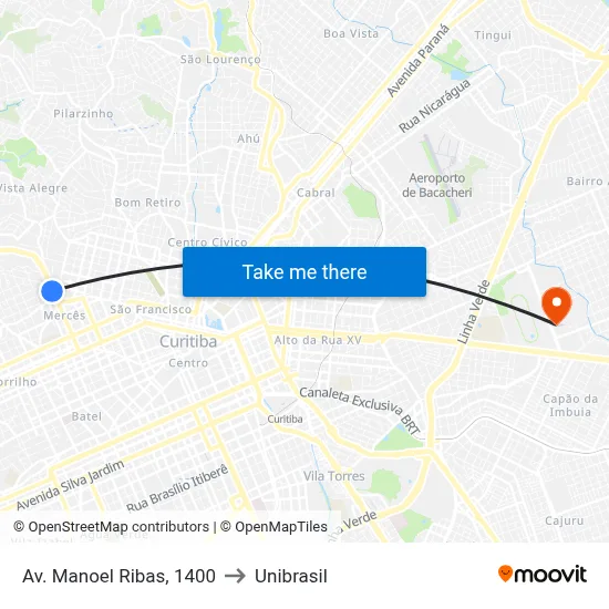 Av. Manoel Ribas, 1400 to Unibrasil map