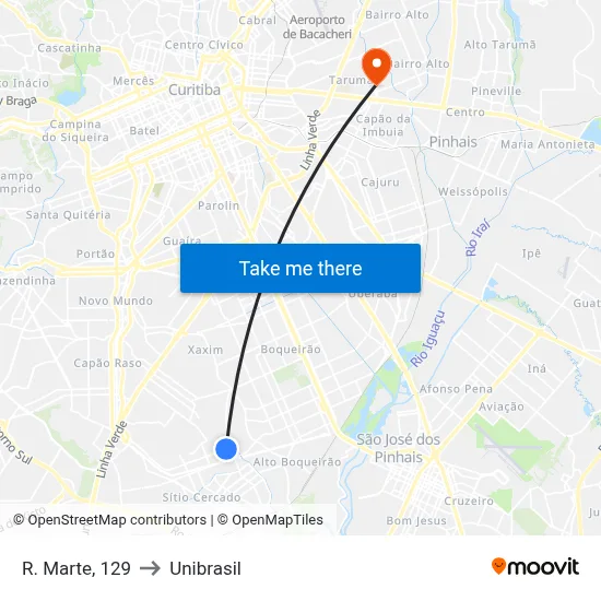 R. Marte, 129 to Unibrasil map