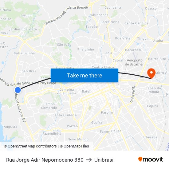 Rua Jorge Adir Nepomoceno 380 to Unibrasil map