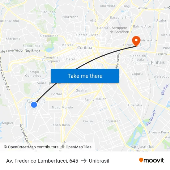 Av. Frederico Lambertucci, 645 to Unibrasil map