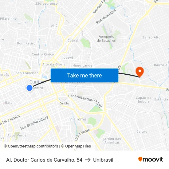 Al. Doutor Carlos de Carvalho, 54 to Unibrasil map