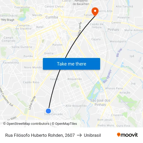 Rua Filósofo Huberto Rohden, 2607 to Unibrasil map