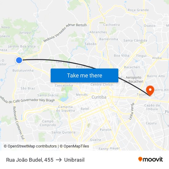 Rua João Budel, 455 to Unibrasil map