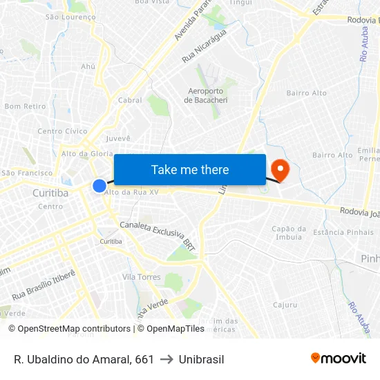 R. Ubaldino do Amaral, 661 to Unibrasil map