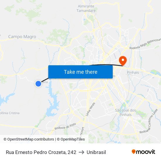 Rua Ernesto Pedro Crozeta, 242 to Unibrasil map