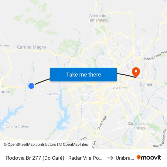 Rodovia Br 277 (Do Café) - Radar Vila Pompéia to Unibrasil map