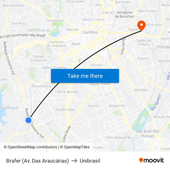 Brafer (Av. Das Araucárias) to Unibrasil map